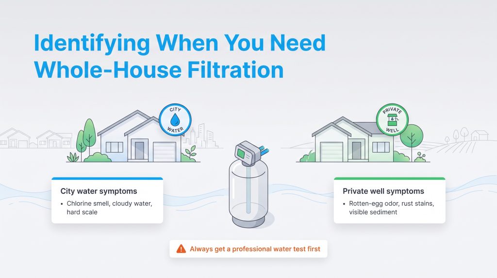 Infographic comparing city water and private well symptoms requiring whole-house filtration