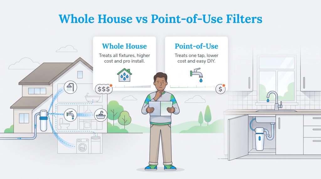 Infographic comparing whole house and point-of-use water filtration systems.
