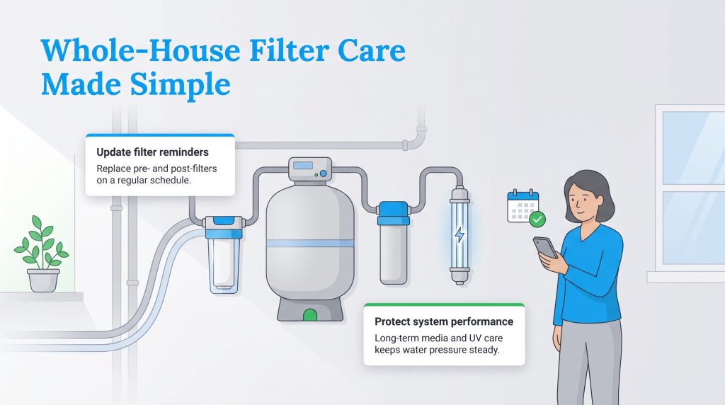 Illustration of a whole-house water filtration system and a woman setting a calendar reminder.