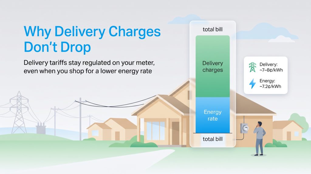 Illustration showing delivery charges and energy rates split on a total electricity bill.