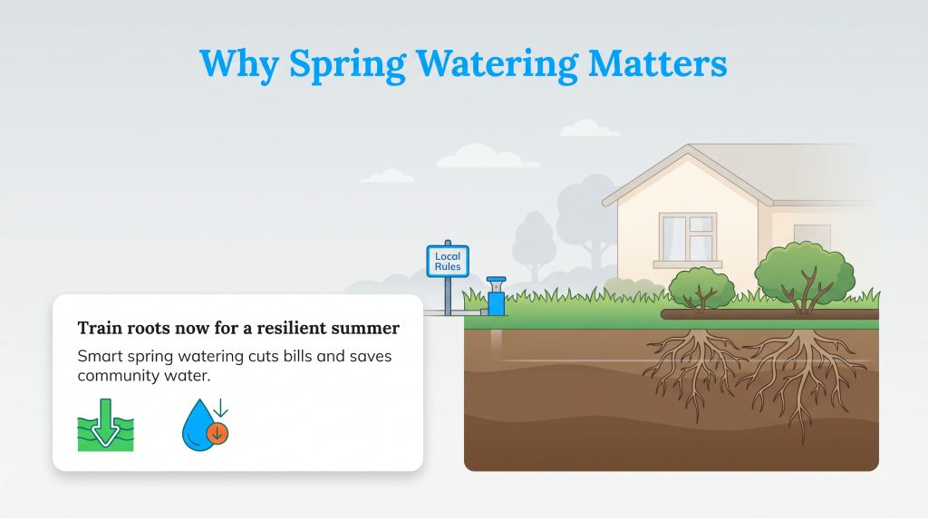 Illustration of deep plant roots in soil with tips on spring watering to conserve water.
