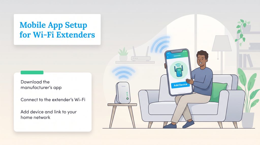 An illustration showing a man setting up a Wi-Fi extender using a mobile app on his phone.