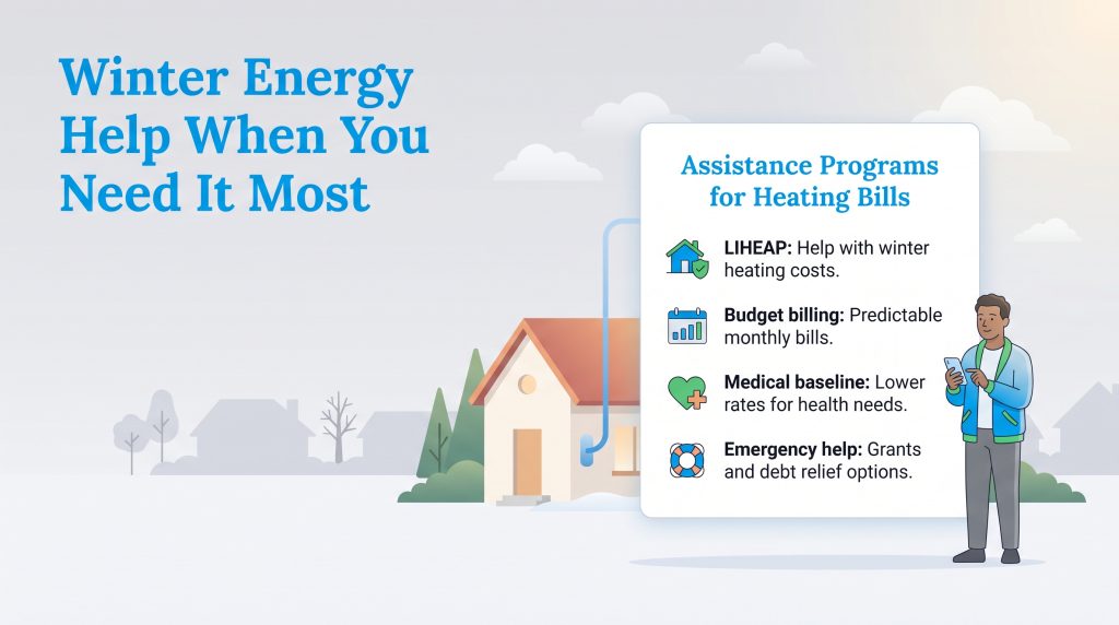 List of assistance programs for winter heating bills, such as LIHEAP and budget billing.