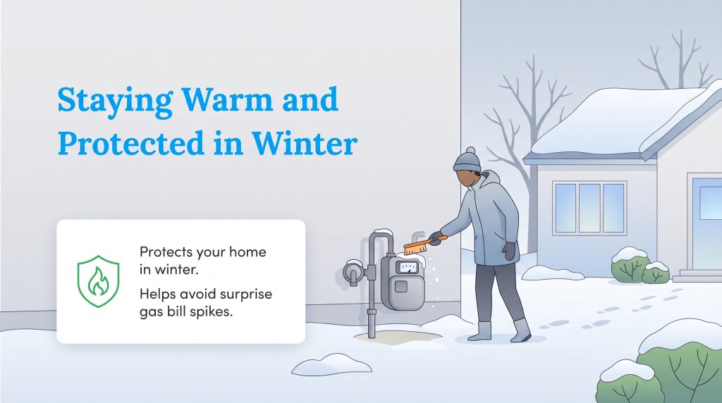 A person brushes snow off an outdoor natural gas meter in a snowy yard next to a house