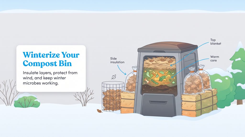 Illustration showing how to winterize a compost bin with insulation and a warm core in winter