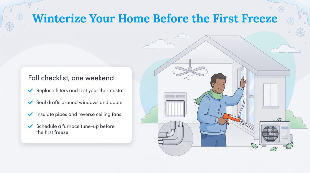 An illustration of a man weatherproofing his home next to a seasonal maintenance checklist