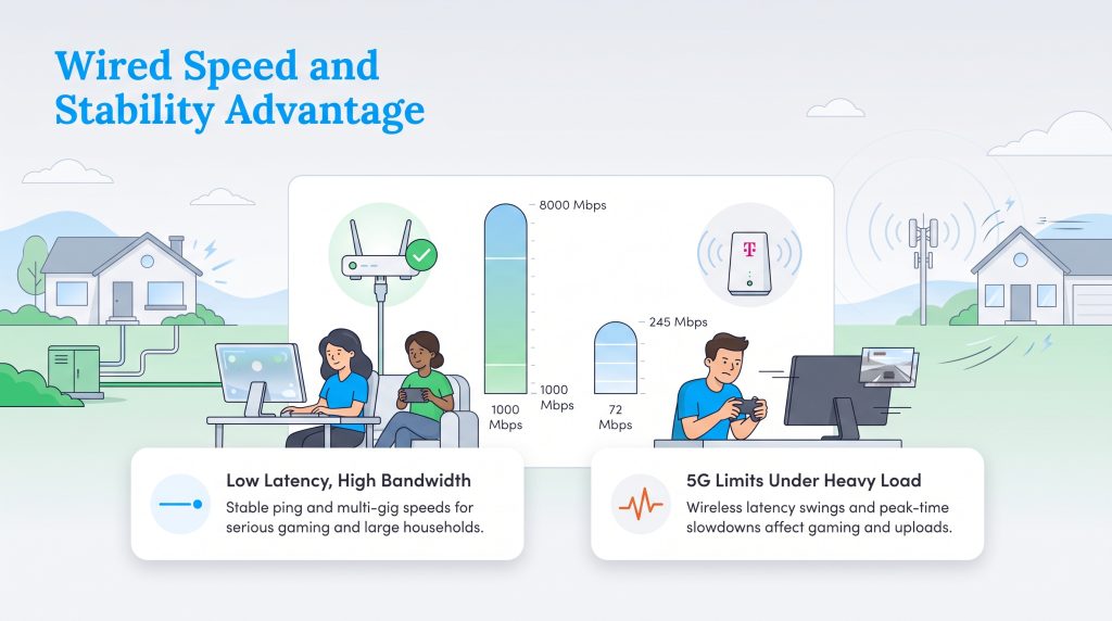 Comparison showing wired internet speeds up to 8000 Mbps versus 5G wireless limitations.