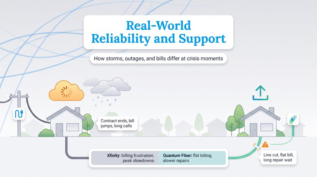 Comparison of internet reliability and support issues for Xfinity cable and Quantum Fiber