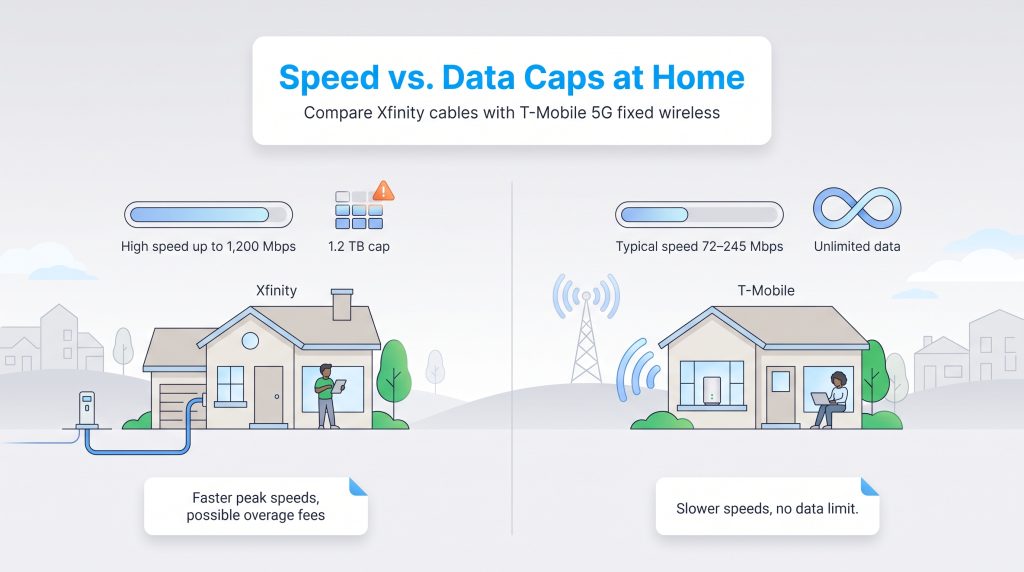 Comparison of Xfinity cable internet with T-Mobile 5G wireless speeds and data caps.