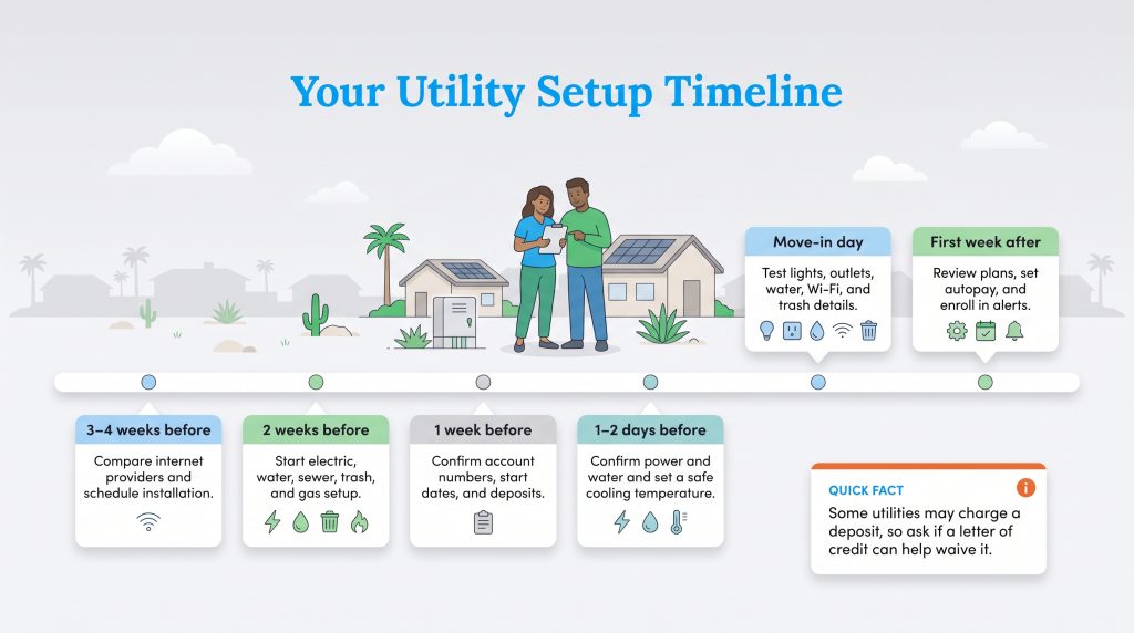 Timeline chart showing utility setup steps from 4 weeks before moving to the first week after.