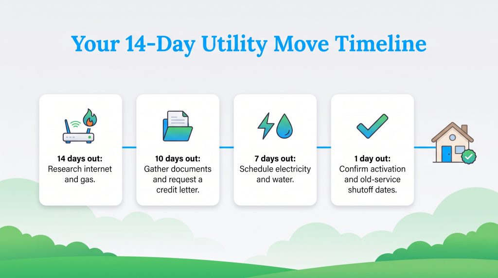 A 14-day timeline outlining key steps to transfer internet, gas, electricity, and water utilities.
