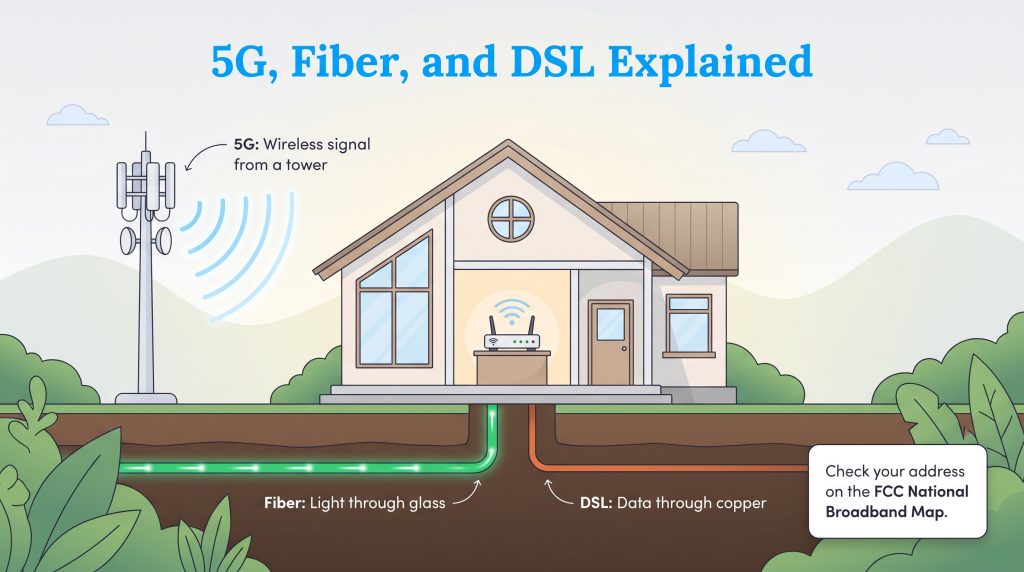 Diagram comparing 5G wireless signals, fiber optic light cables, and DSL copper lines to a home.