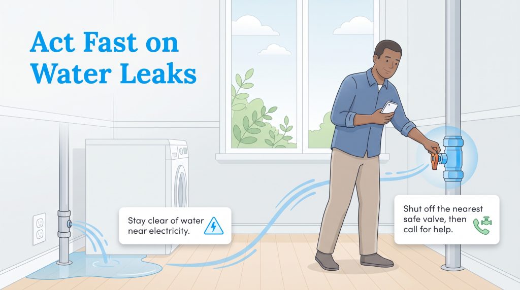 Man turning off a main water valve to stop a leak near an electrical outlet.