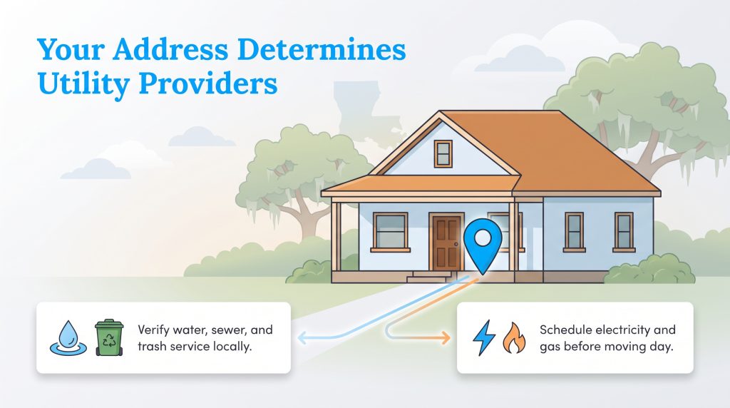 House diagram showing tips to set up local water, trash, electricity, and gas services by address.