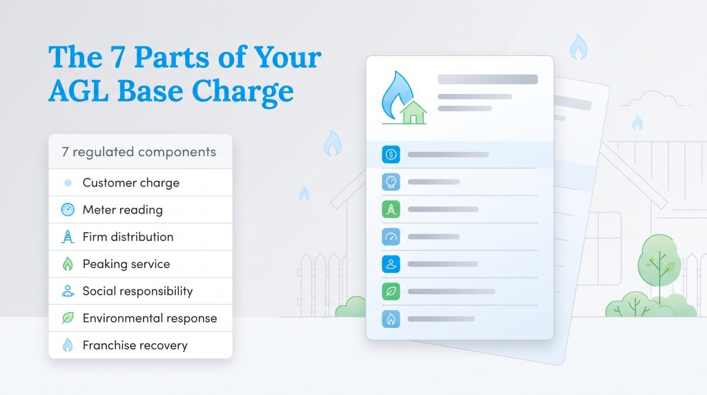 Graphic listing the seven components of an AGL base charge alongside a mock utility bill.