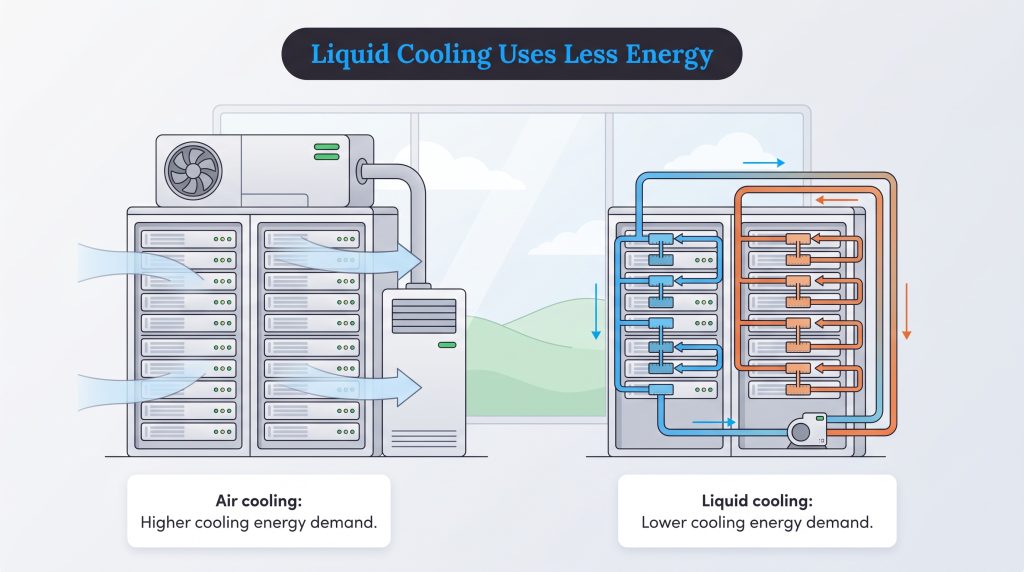 Illustration comparing server air cooling and liquid cooling energy efficiency.