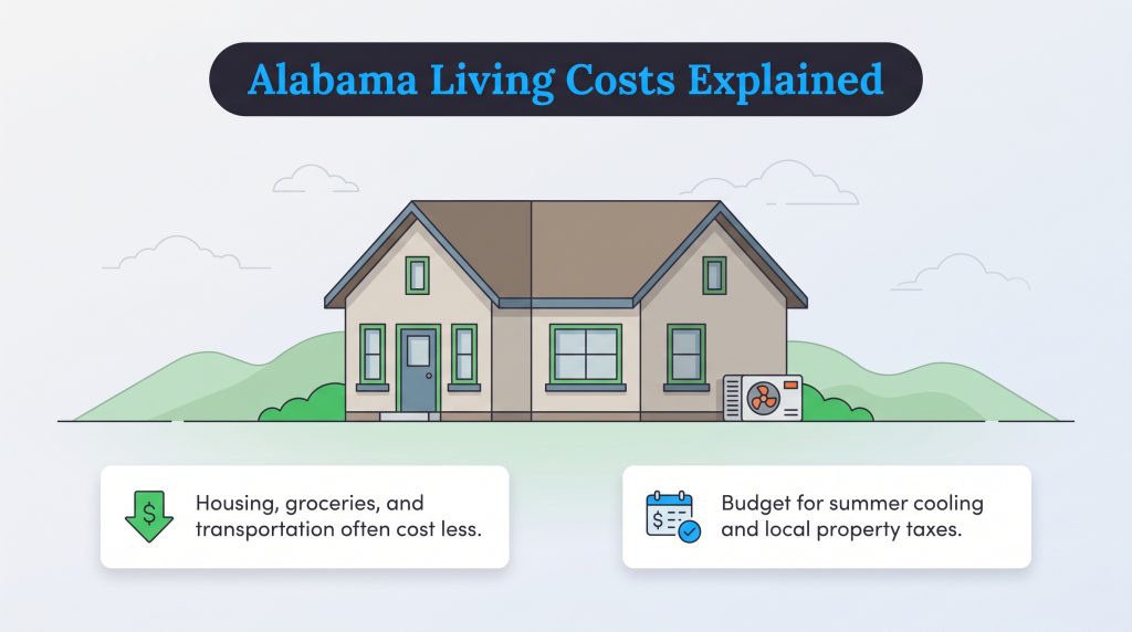 House illustration highlighting lower basic costs and summer cooling budgets in Alabama.