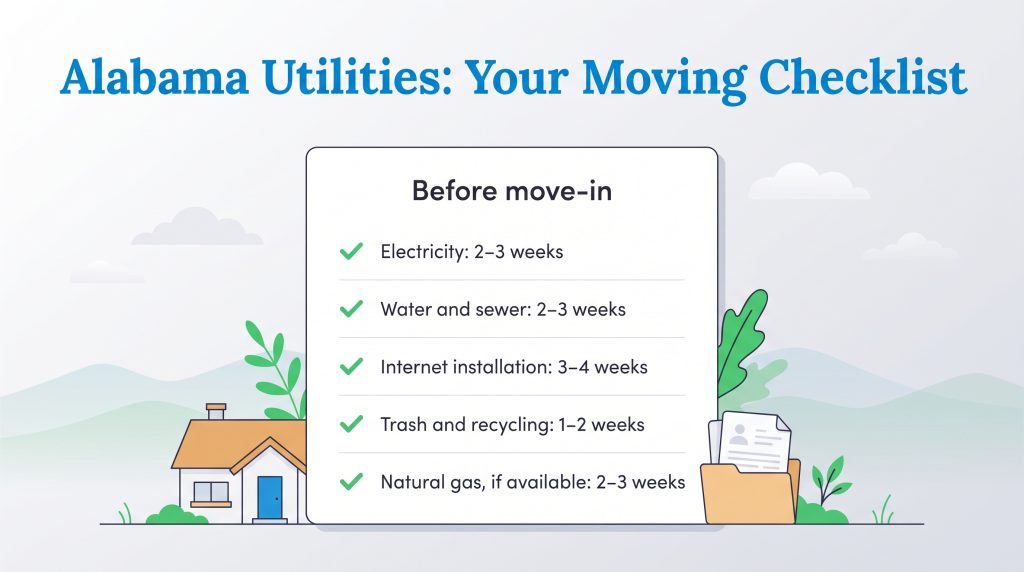 A checklist showing recommended timelines to set up various utilities before moving to Alabama.