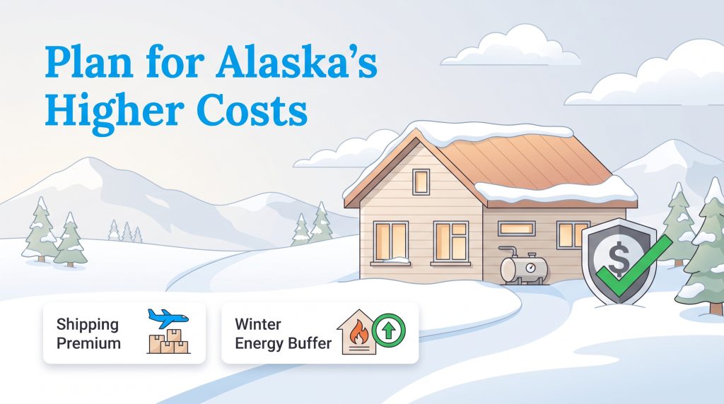 Illustration of a snowy Alaskan home highlighting shipping premiums and winter energy buffers.