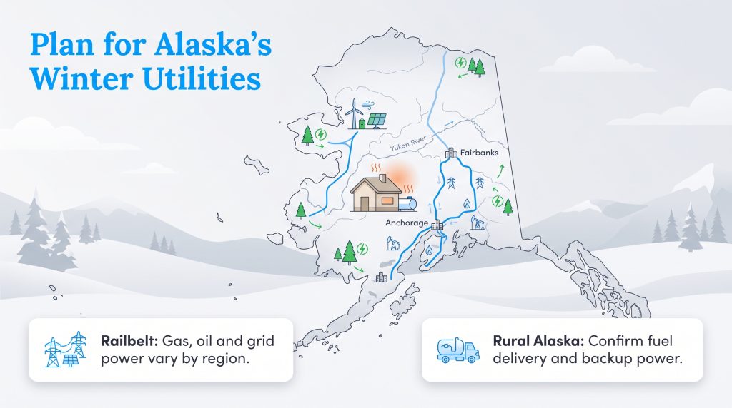 Map of Alaska showing energy grids, heating options, and regional utility planning tips.