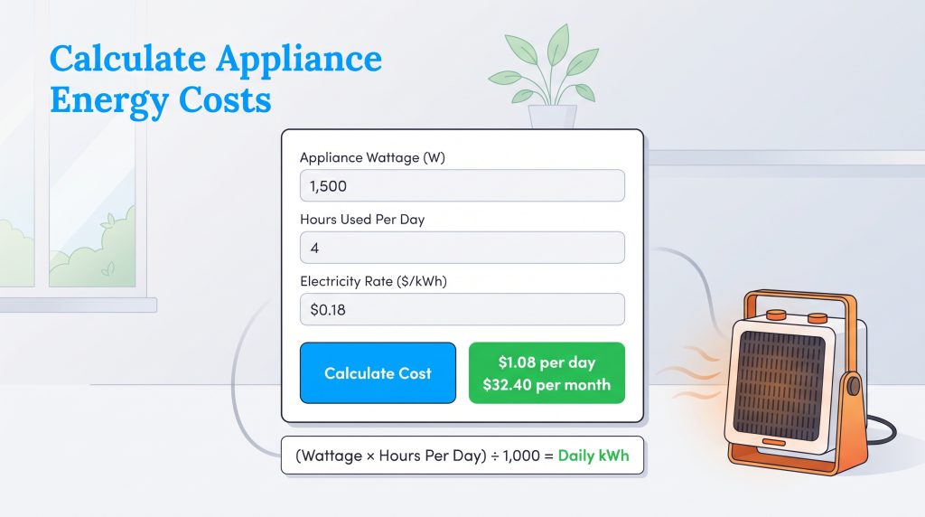 Energy calculator showing daily and monthly electricity expenses for a portable space heater.