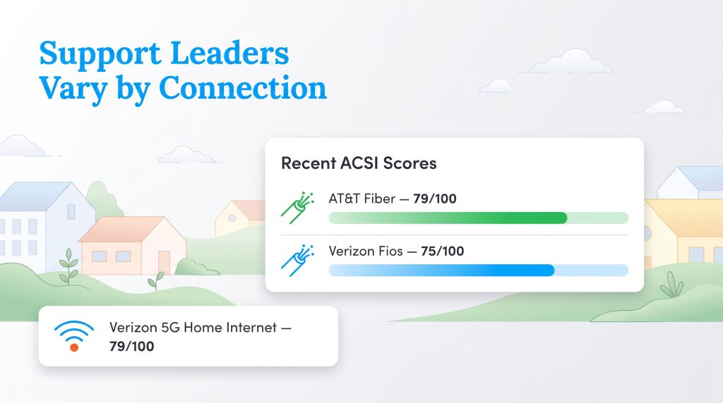 Bar chart showing ACSI scores: AT&T Fiber 79, Verizon Fios 75, and Verizon 5G 79 out of 100.