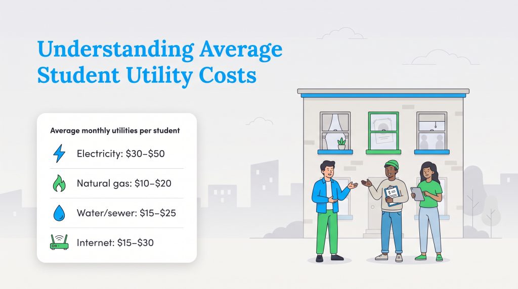 Average monthly student utility costs for electricity, gas, water, and internet