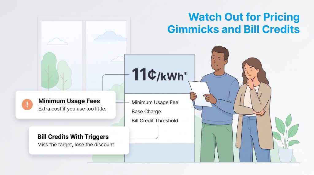 A couple looking concerned at a utility bill with hidden fees and pricing gimmicks highlighted.