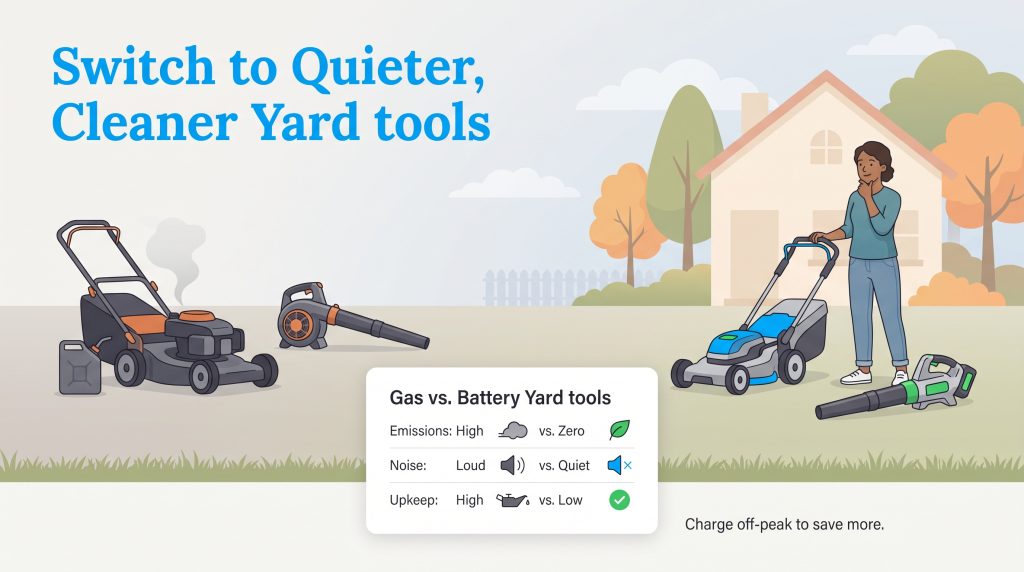 Comparison of gas and battery yard tools showing differences in emissions noise and upkeep