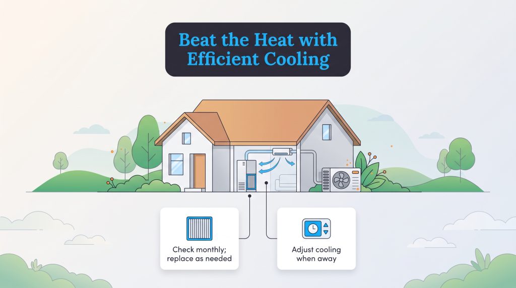 Illustration of a home detailing tips for energy-efficient cooling and maintenance.
