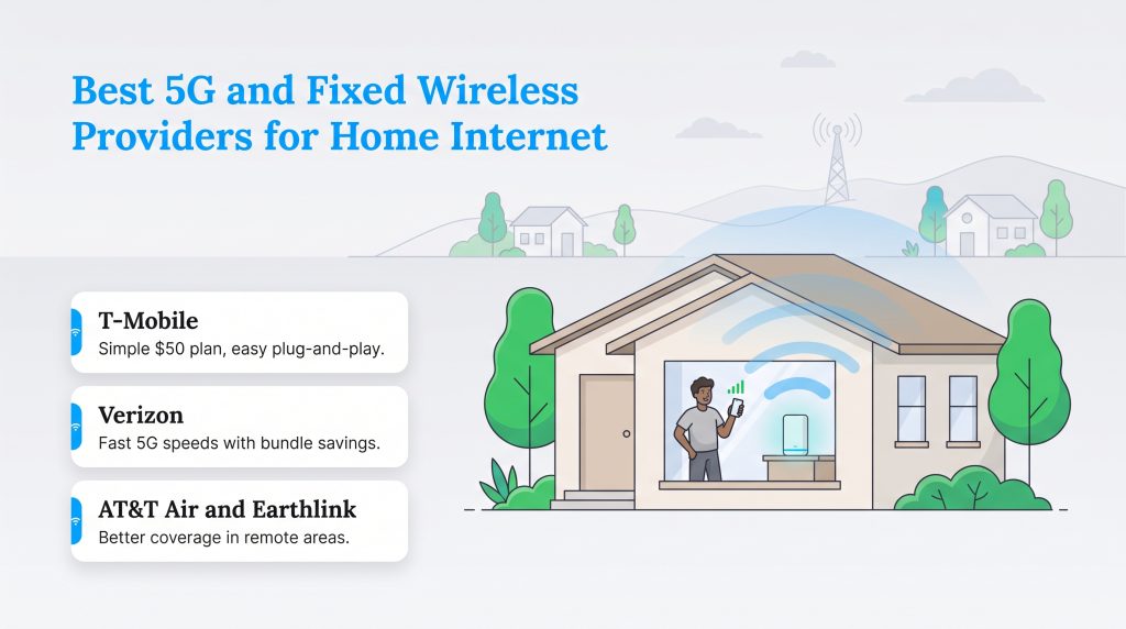 Comparison of top 5G and fixed wireless home internet providers like T-Mobile and Verizon.