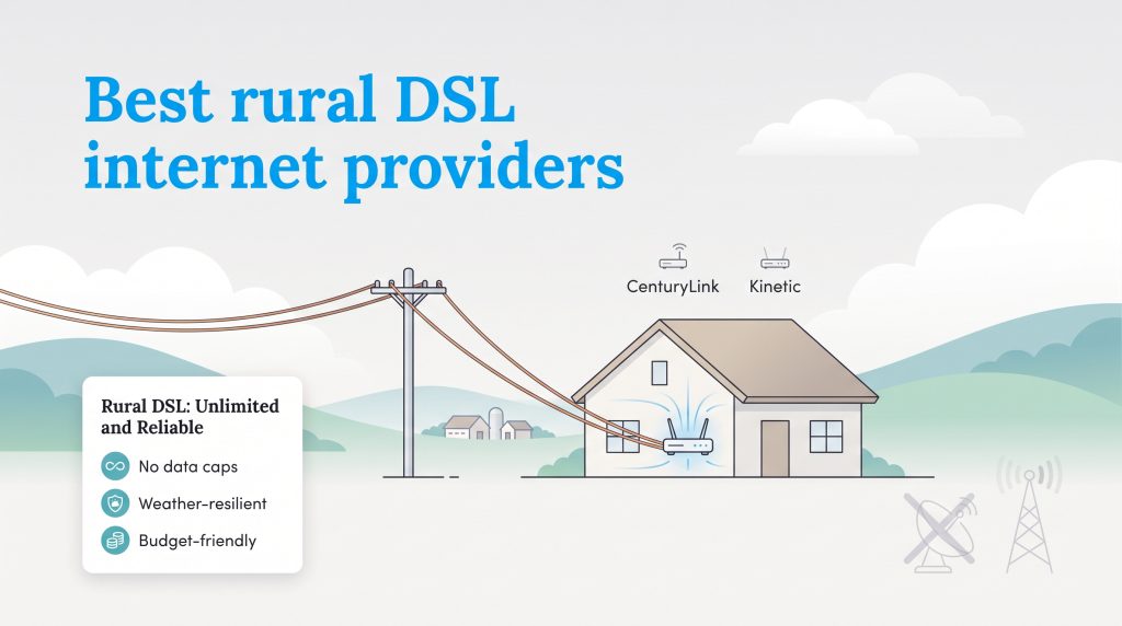 Graphic showing telephone lines connecting to a rural home for reliable DSL internet