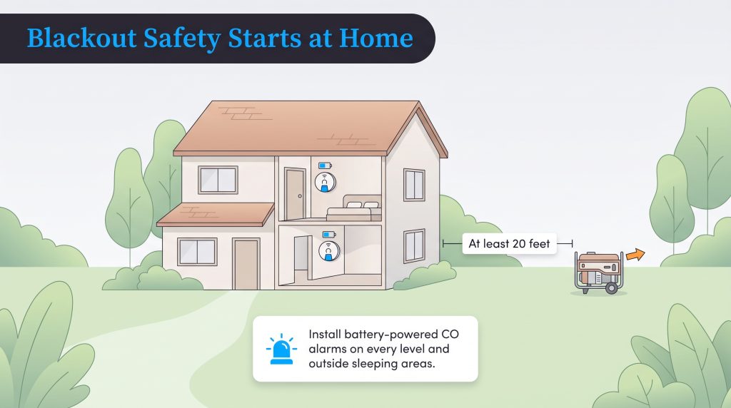 Diagram of a house showing safe portable generator distance and indoor CO alarms
