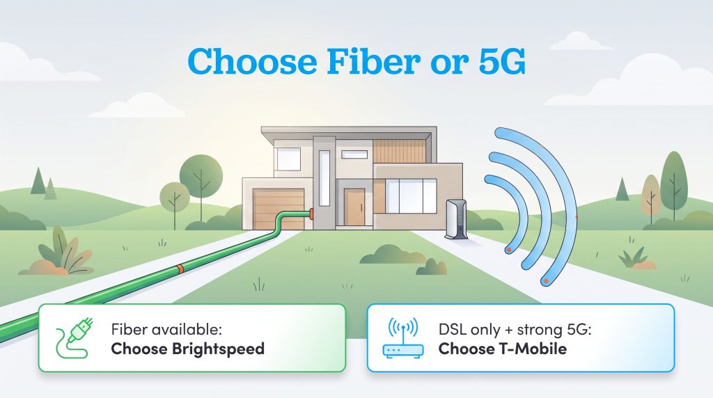 Illustration showing wired fiber connection versus wireless 5G home internet for a house.