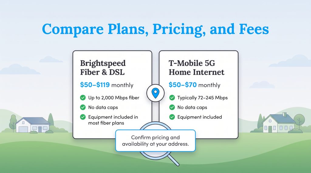 Comparison of Brightspeed and T-Mobile internet pricing, speeds, and data allowance.