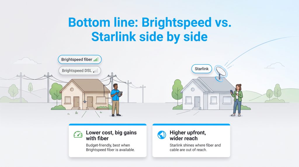 Illustration comparing Brightspeed fiber and DSL options to Starlink satellite internet.