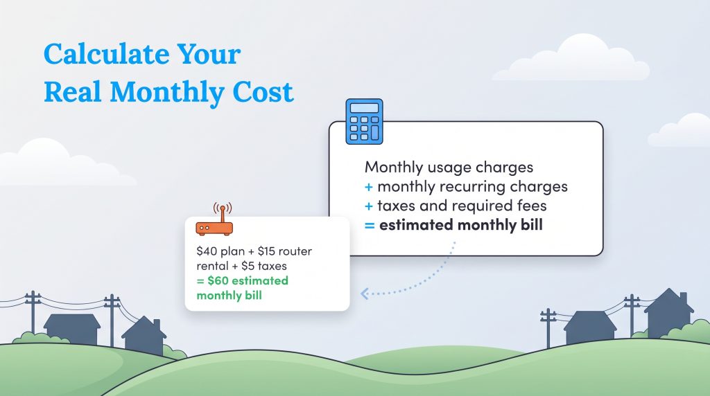 Formula showing plan fees plus recurring charges and taxes equals estimated monthly bill.