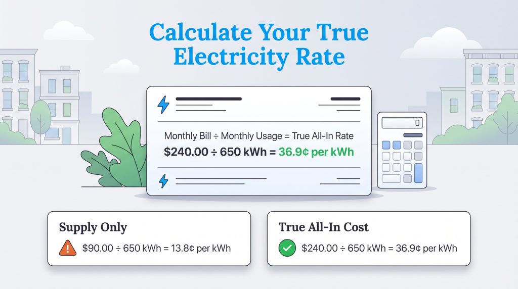 Diagram showing how to calculate your true all-in electricity rate using total monthly bill.