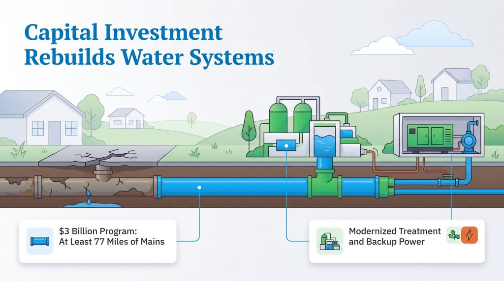 Diagram showing water main replacement, treatment modernization, and emergency backup power.