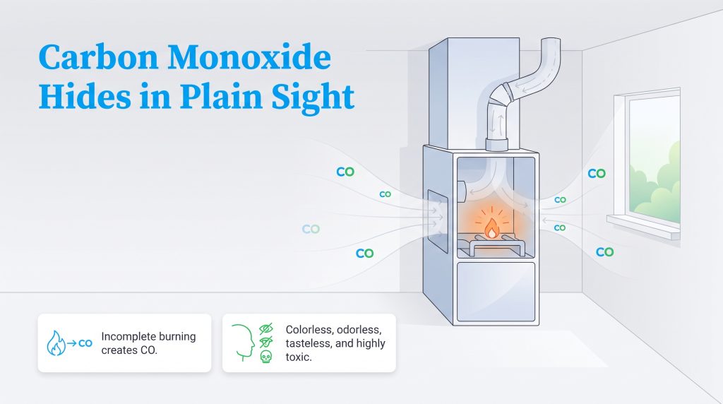 Illustration of a home furnace emitting invisible carbon monoxide into a room.