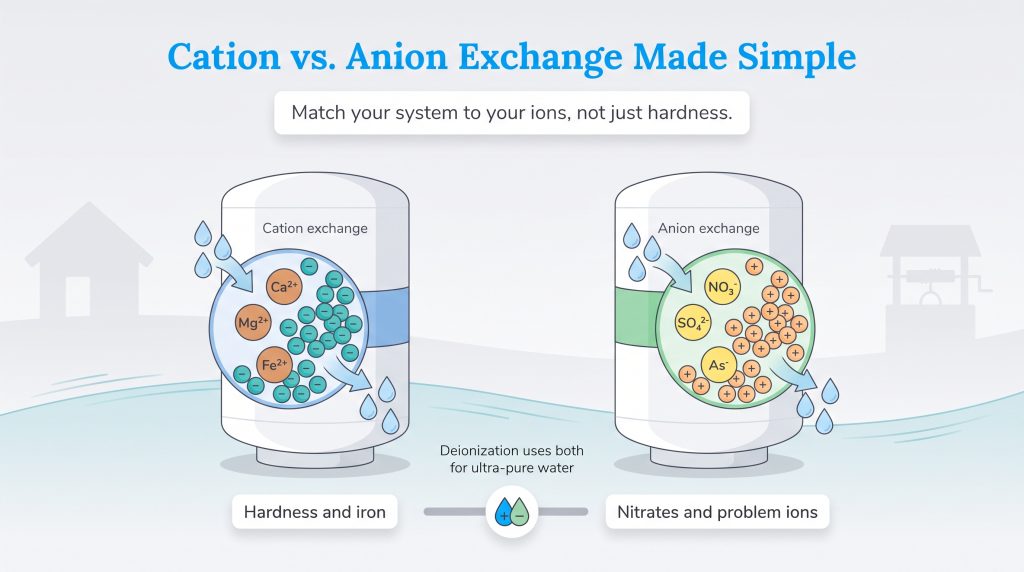 Visual comparison of cation and anion water filtration exchange systems.
