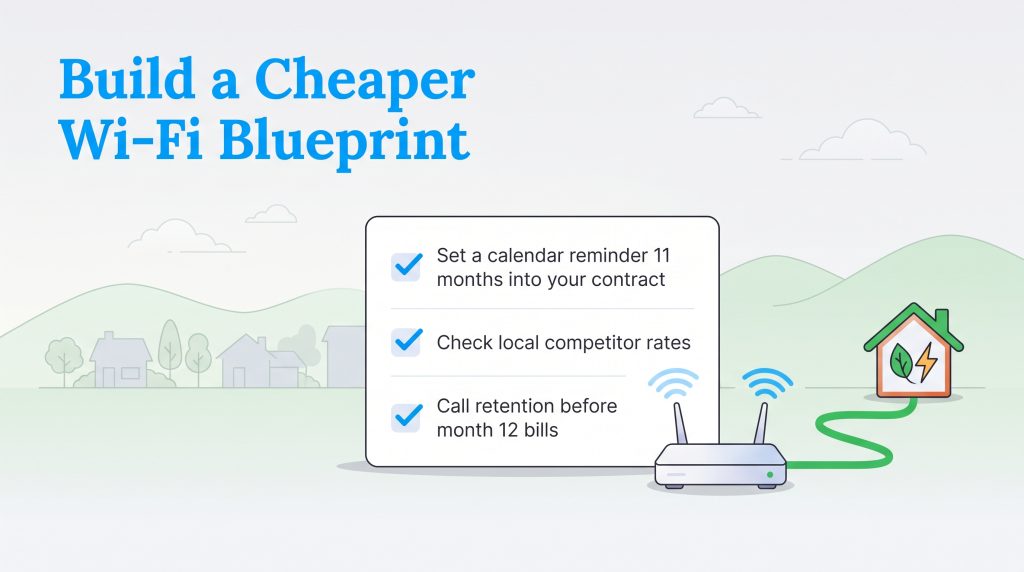 Wi-Fi savings checklist listing steps to set reminders, compare rates, and call retention.