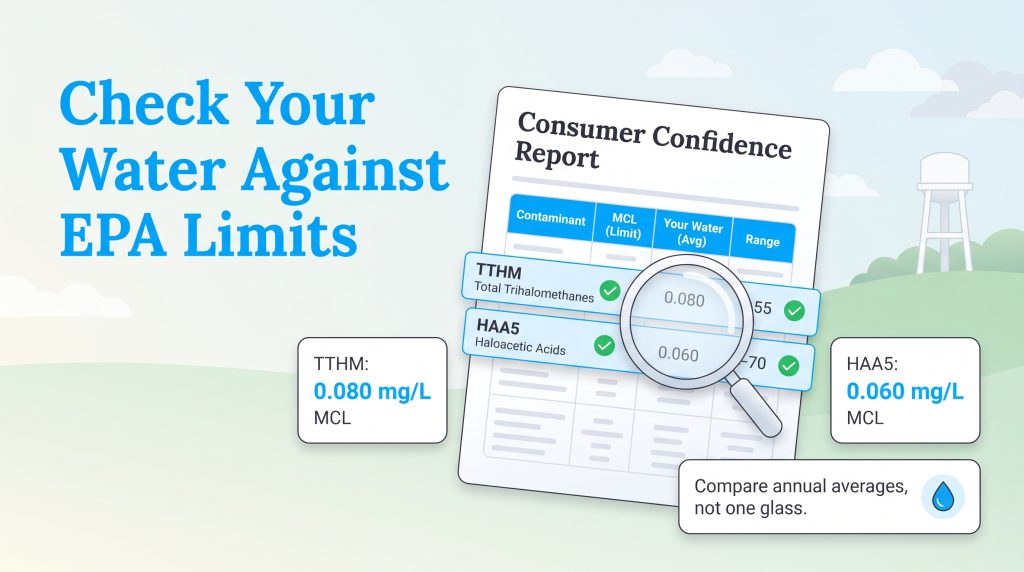 Consumer Confidence Report showing EPA limits for TTHM at 0.080 mg/L and HAA5 at 0.060 mg/L.