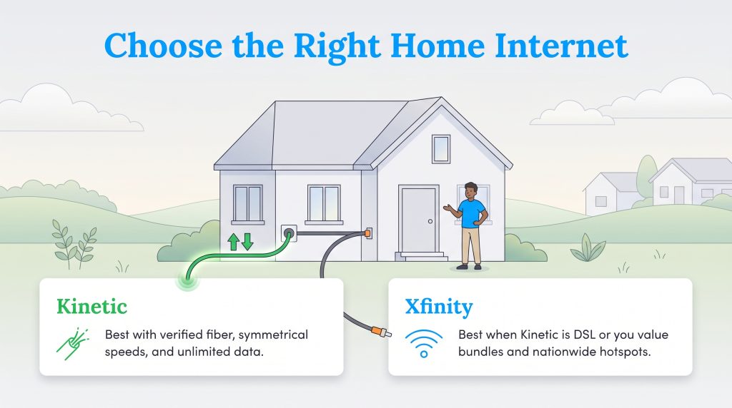 Illustration comparing Kinetic fiber and Xfinity cable internet options for a home.
