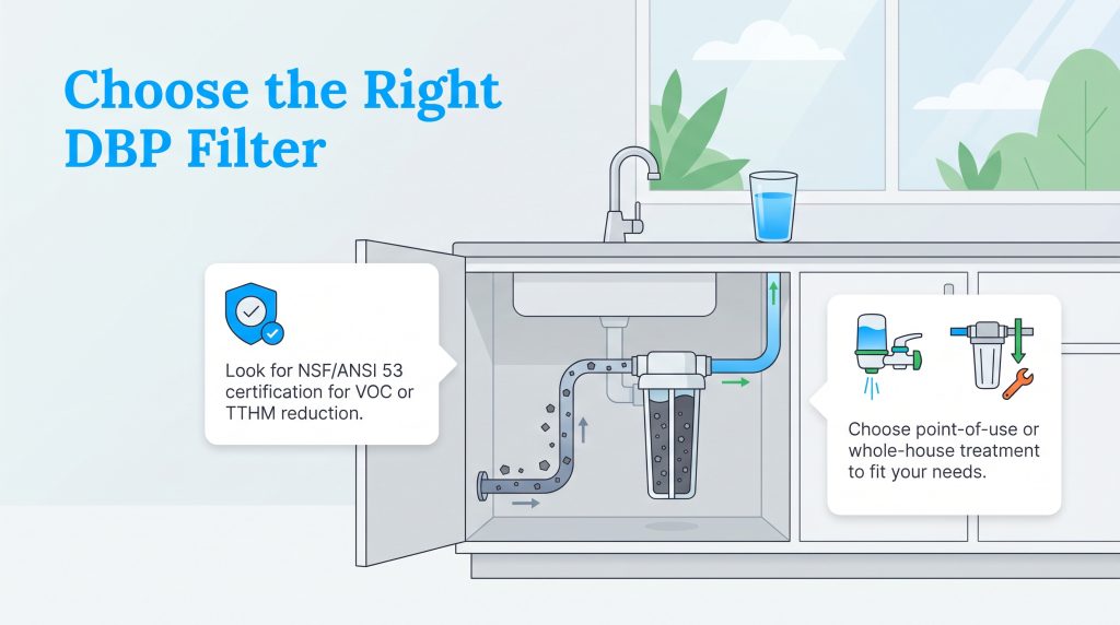 Illustration of an under-sink water filter system with tips for removing disinfection byproducts