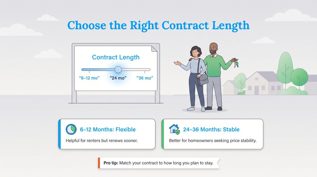 Illustration comparing flexible 6-12 month and stable 24-36 month electricity contracts