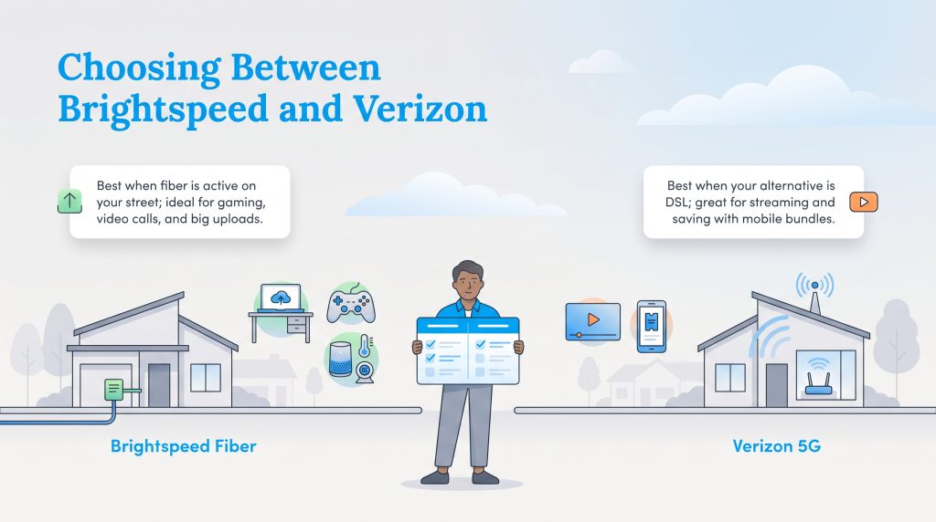 Comparison between Brightspeed Fiber and Verizon 5G home internet options.