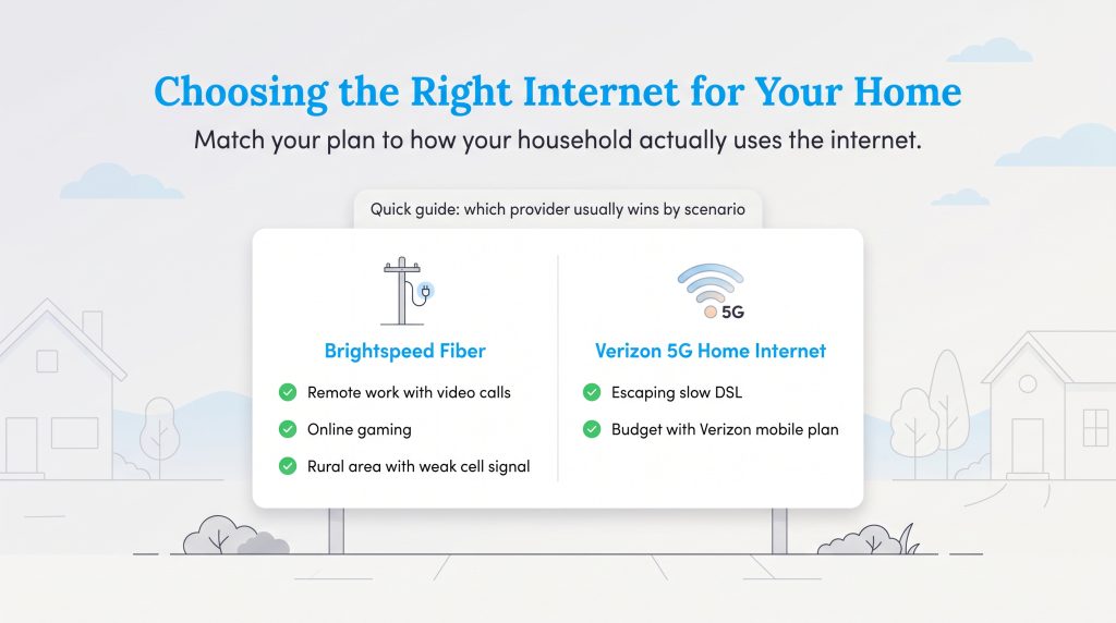 Chart comparing Brightspeed Fiber and Verizon 5G Home Internet use cases