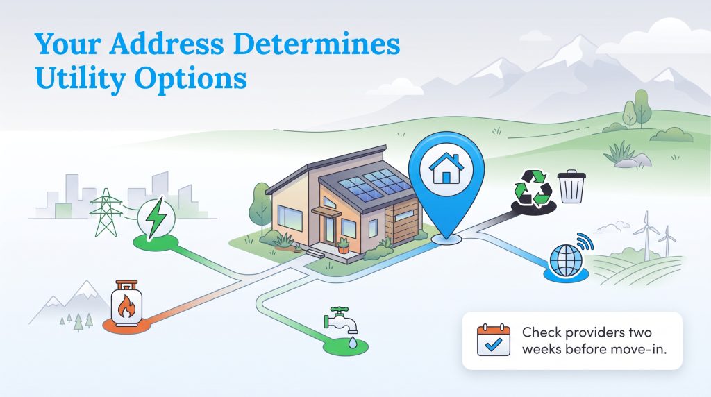 Illustration showing utility connections to a home based on its location.