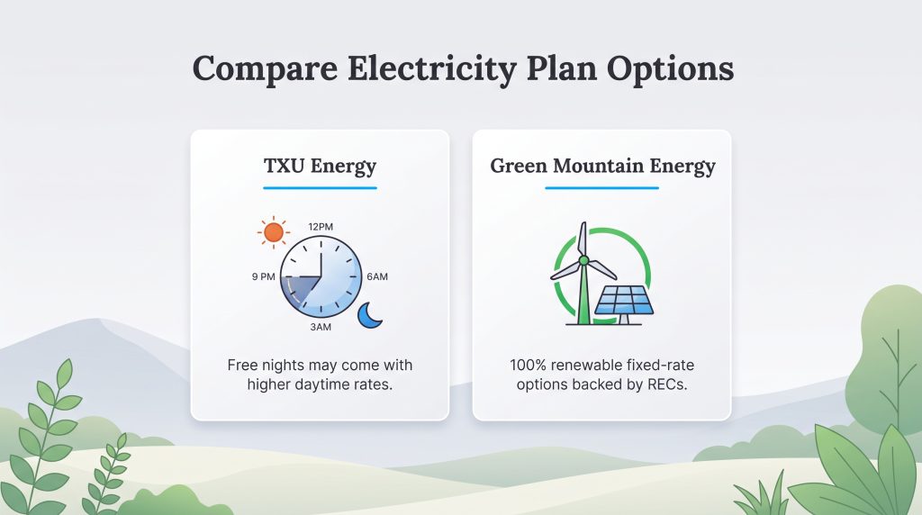 Comparison of TXU Energy time of use plans and Green Mountain Energy renewable options.
